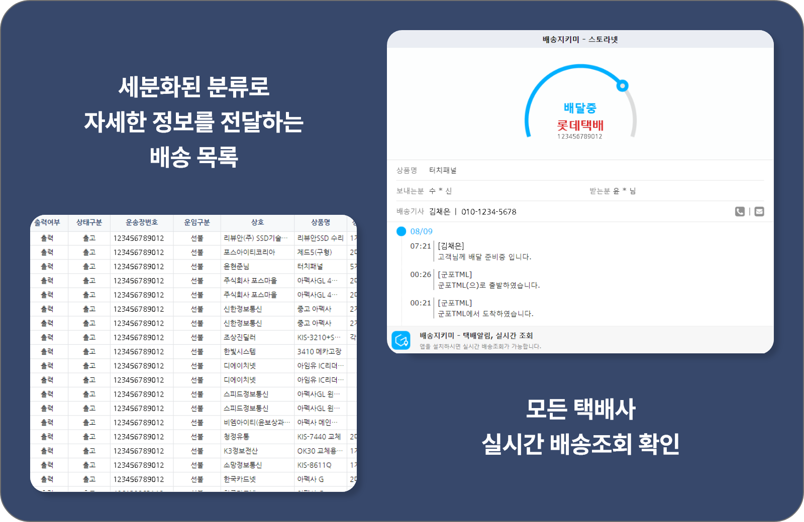 출고 목록과 택배 배송 상태가 표시된 스토라넷 화면
